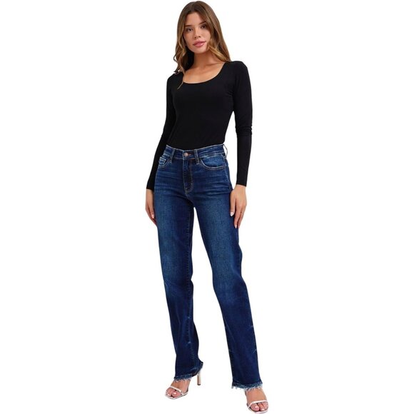Women's Mid Rise Straight Jean with Frayed Hem Dark Blue Plus Size - Picture 5 of 7